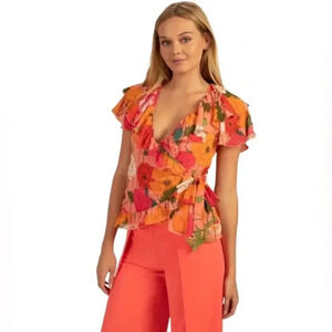 TRINA TURK Women Floral Top with Layered Flutter Sleeves & Ruffle Neck Sz Small